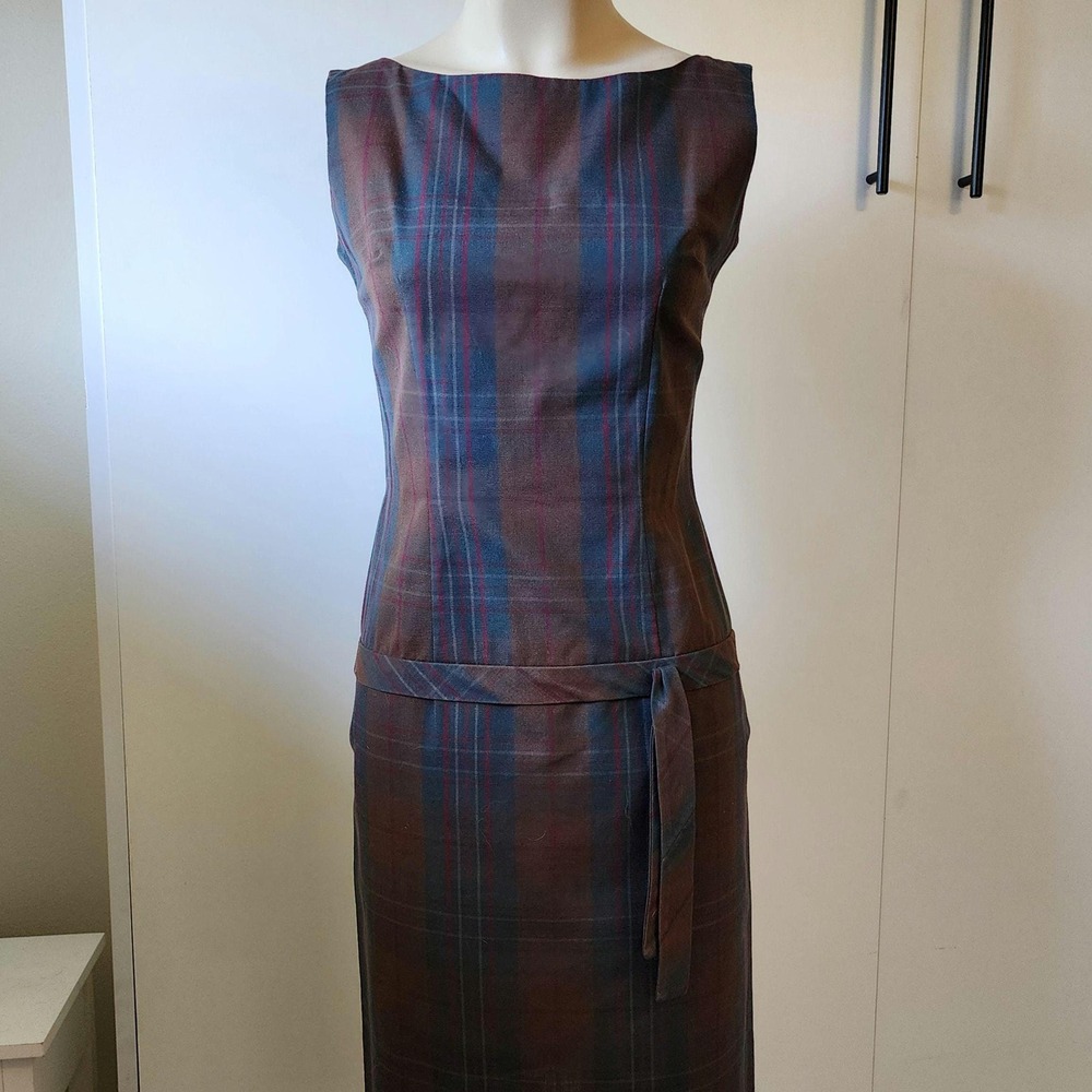 Vintage 1960s Lynne Anderson Plaid Day Dress Brown Maroon Green Sleeveless S/M